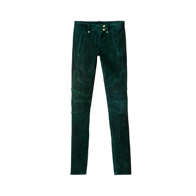 Pantalon Motard En Daim Vert Foncé BALMAIN X H&M - Taille 36 - Neuf Sans étiquettes - Style Skinny