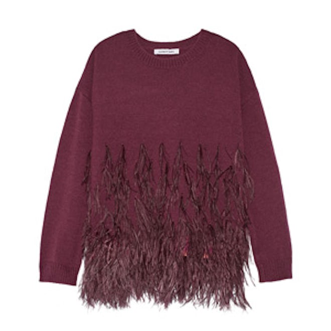 Feather Trimmed Cotton Blend Sweater
