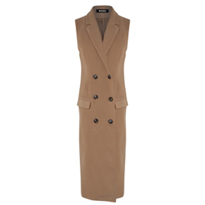 Camel Double Breasted Sleeveless Wool Maxi Coat