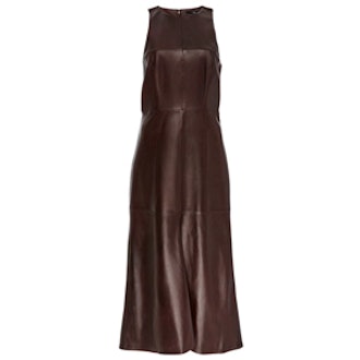 Lambskin Leather Fluted Sleeveless Maxi Dress