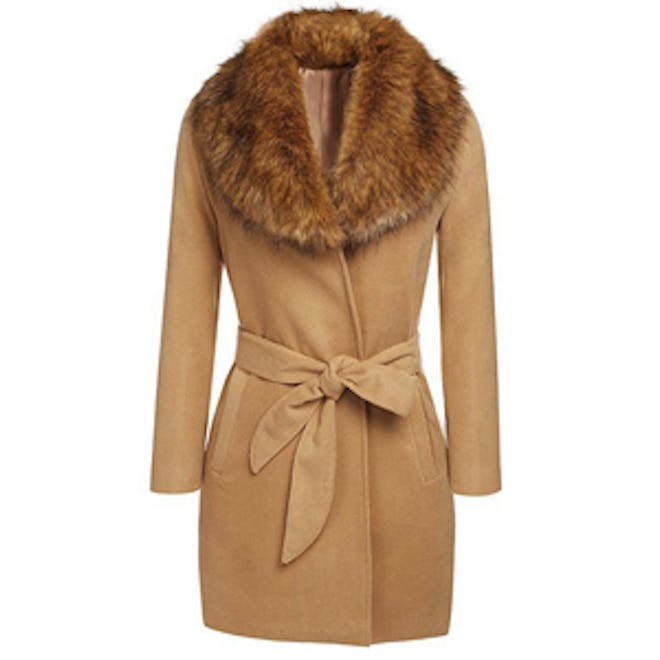 Parka Coat with Fur Collar and Tie Waist