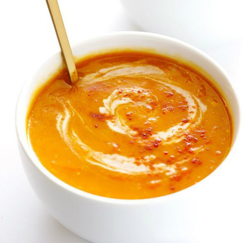 Butternut squash soup served in a spoon 