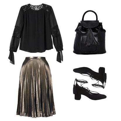 A black sheer long-sleeved blouse, leather backpack, a metallic midi skirt and black strappy heels