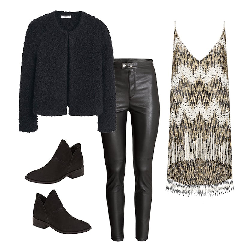 A glitzy minidress with leather pants, a cozy sweater, and flat black booties.