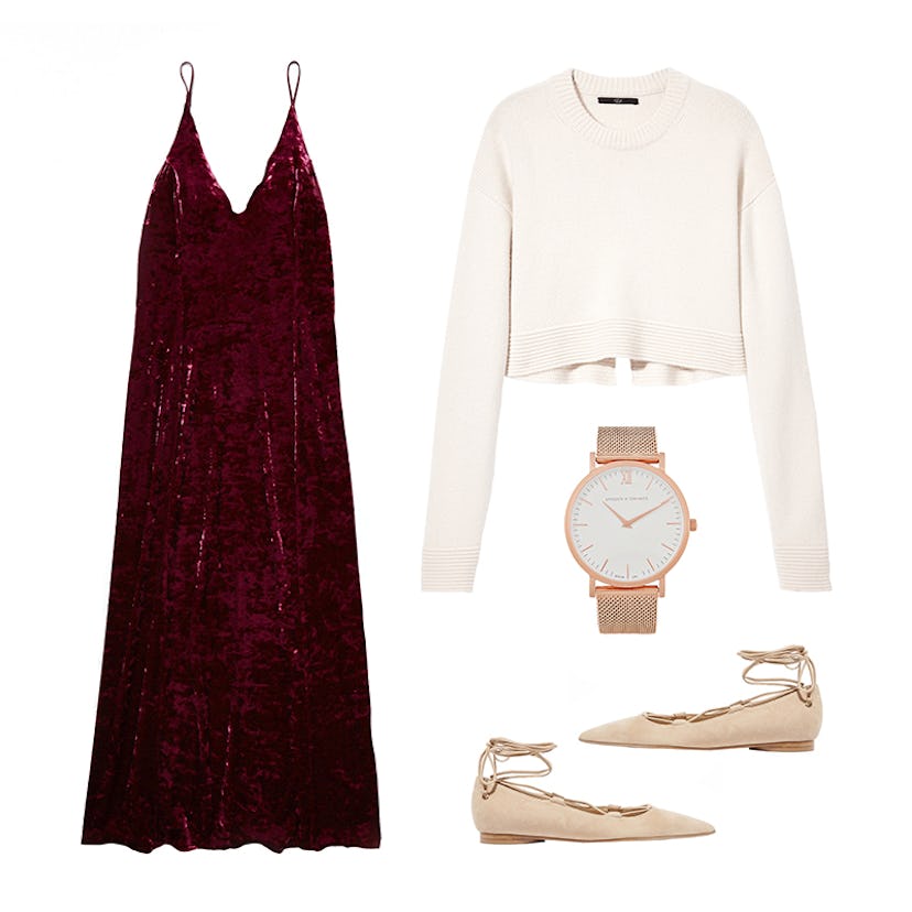 A slip dress, a cashmere top, beige flats and neutral accessories for a romantic evening look.