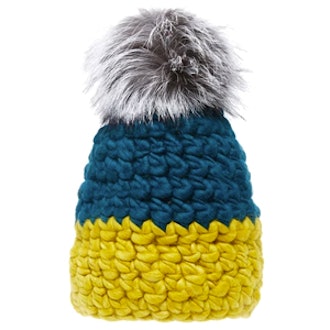 Colorblock Wool Beanie With Silver Fox Fur Poms