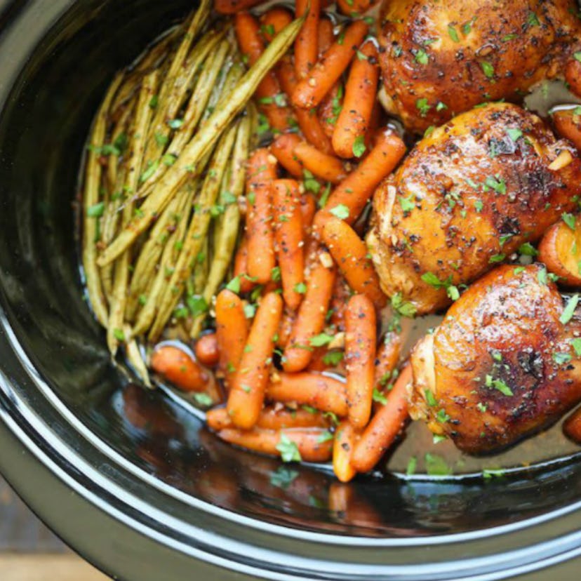 A pot full of honey garlic chicken and veggies