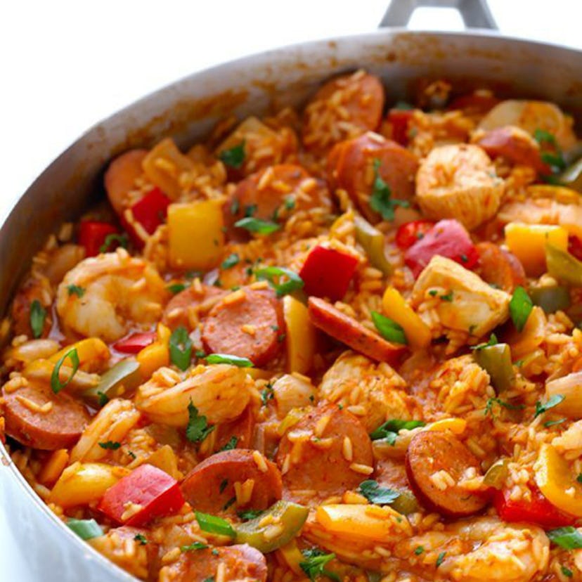 A pot full of prepared Jambalaya