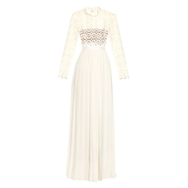Long-Sleeved Crochet-Lace Pleated Gown