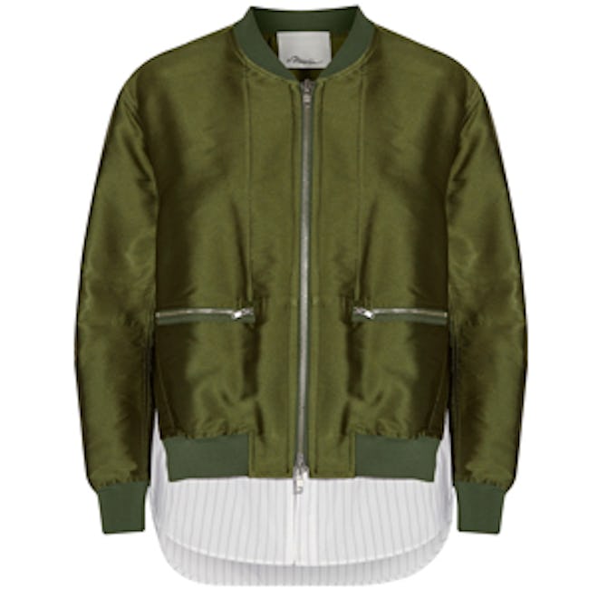 Poplin-Paneled Satin-Twill Bomber Jacket