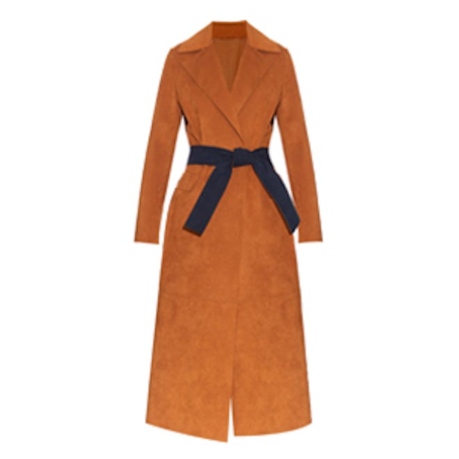 Contrast Belt Faux-Suede Trench Coat