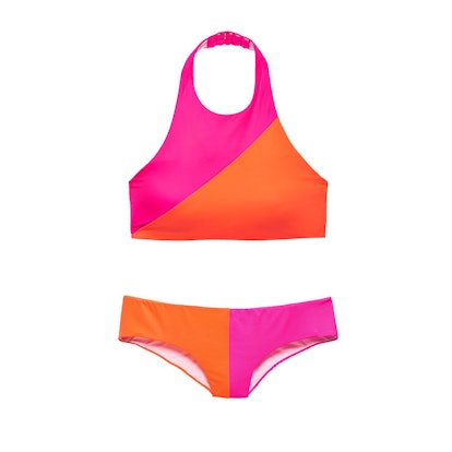 Pink And Orange Colorblock High-Neck Bikini