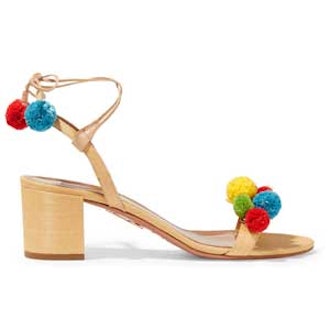Pompom-Embellished Raffia Sandals