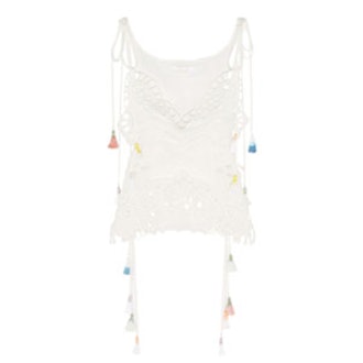 Tasseled Broderie Anglaise And Tulle Paneled Linen Blend Camisole