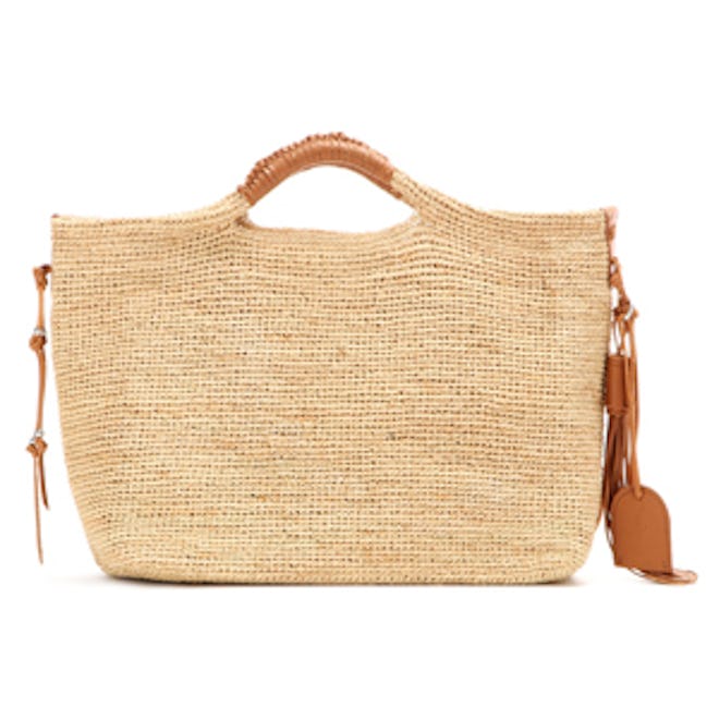 Leather-Trimmed Raffia Tote