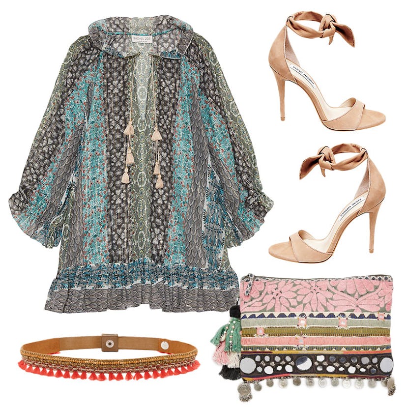 Embellished clutch with metal disc trim, Lexi mini dress, Boha belt, and brown heels with bow ties