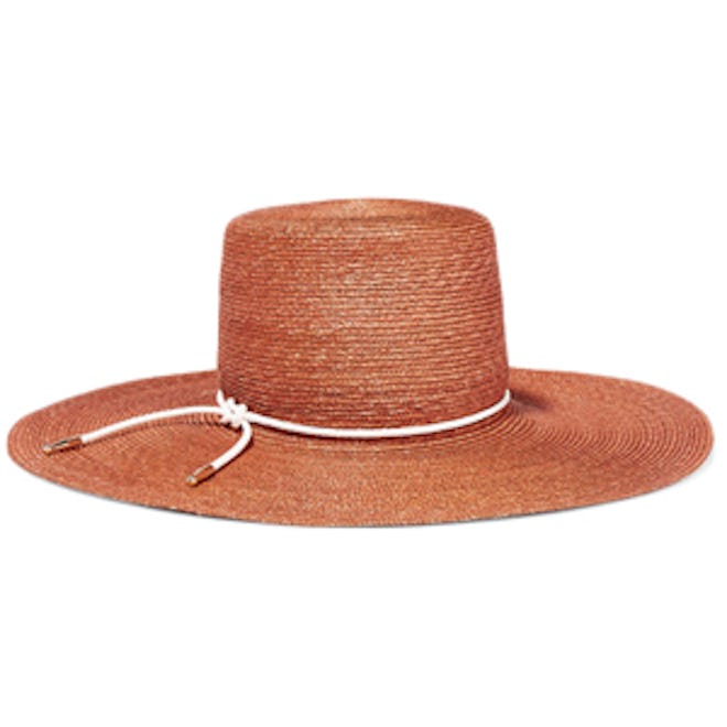 Amirah Faux Leather-Trimmed Straw Sunhat