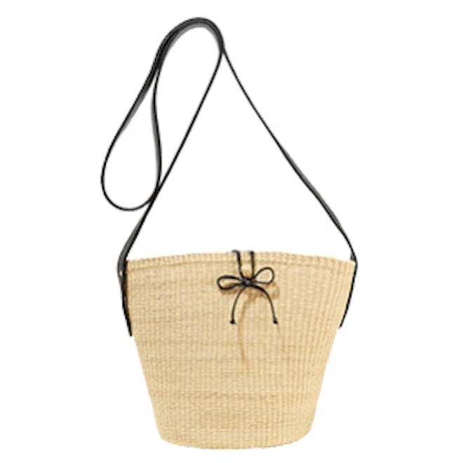 Leather-Trimmed Woven Toquilla Straw Shoulder Bag