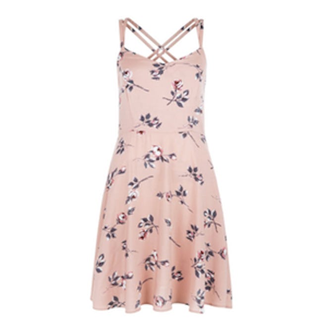 Pink Rose Floral Print Strappy Dress