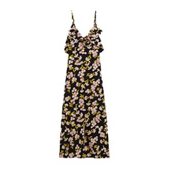 Ruffled Floral-Print Silk-Satin Maxi Dress