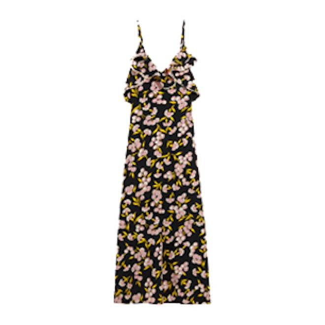 Ruffled Floral-Print Silk-Satin Maxi Dress