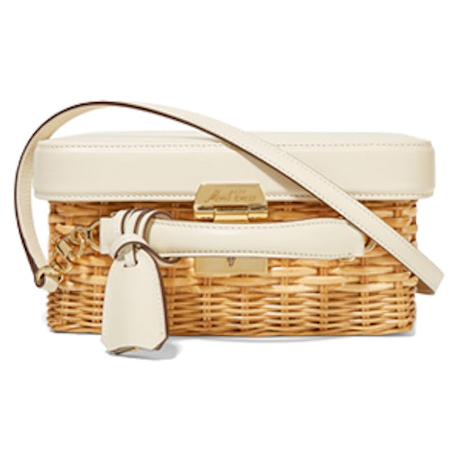 Grace Rattan and Textured-Leather Shoulder Bag