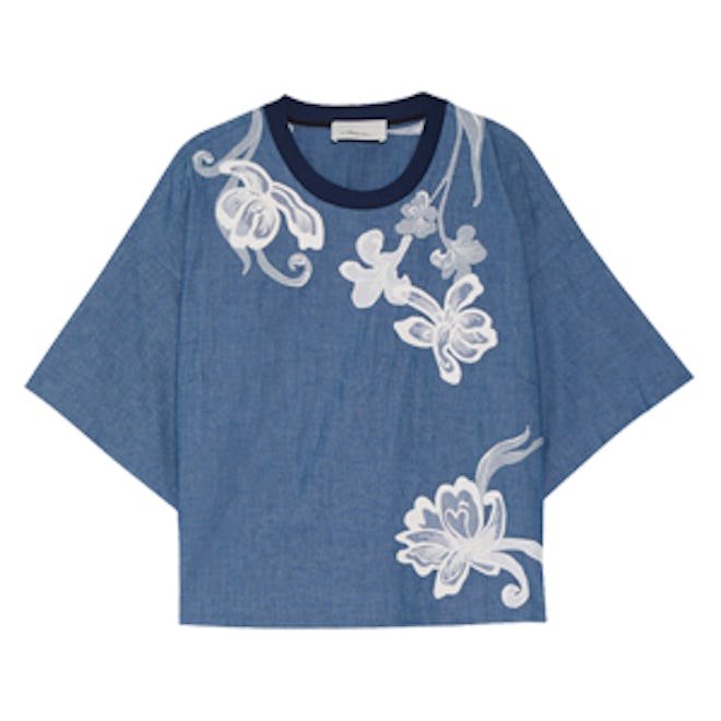 Silk-Trimmed Embroidered Cotton-Chambray Top