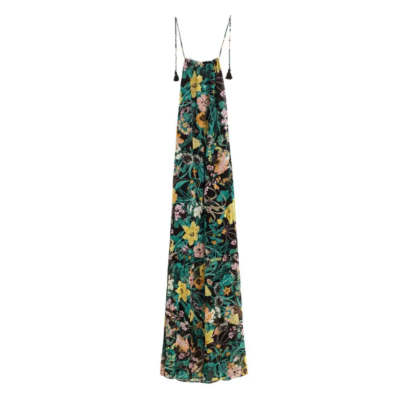 chinese dress ladies Zara Light Green Floral Maxi Dress with Metallic Details- Size S – The  Saved Collection main image 0