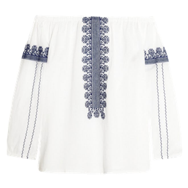 Folktale Off-The-Shoulder Embroidered Cotton Poplin Top