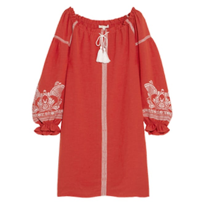 Embroidered Slub Crepe Mini Dress