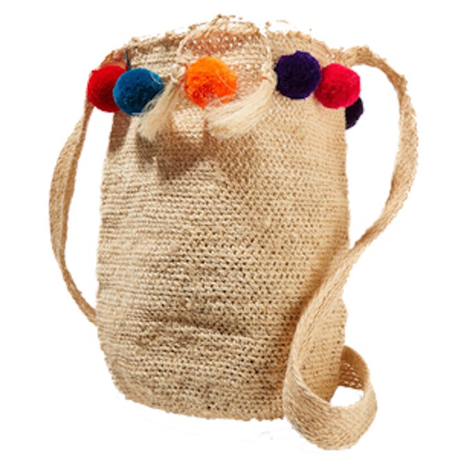 Pompom-Embellished Woven Fique Shoulder Bag