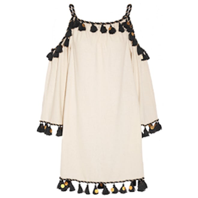 Off-The-Shoulder Embellished Silk-Noil Mini Dress