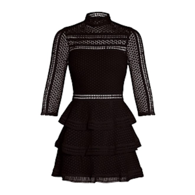 Caya Black Premium Lace Panel Tiered Mini Dress