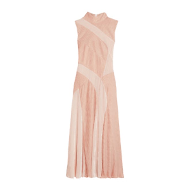 Velvet-Paneled Plissé-Chiffon Dress