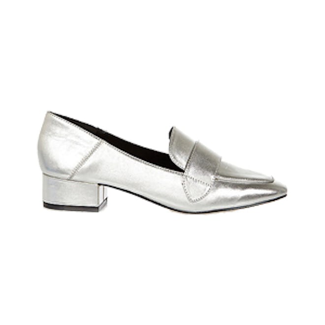 Silver Leather Block Heel Loafers