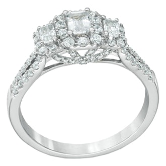 Emerald-Cut Diamond Three Stone Frame Ring in 14K White Gold