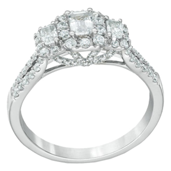 Emerald-Cut Diamond Three Stone Frame Ring in 14K White Gold