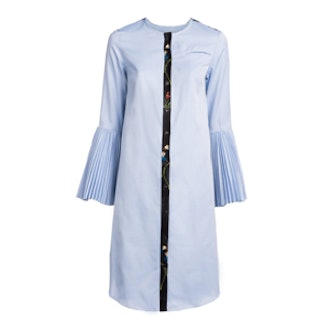 Cotton + Printed Crepe Pleated Sleeve Shirt Dress
