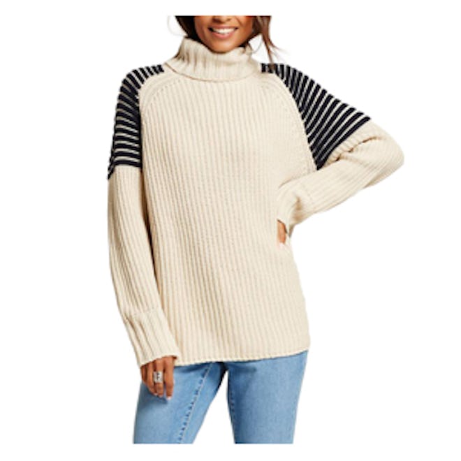 Women’s Ribbed Turtleneck Sweater with Striped Shoulders