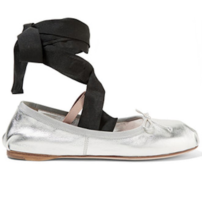 Lace-up Grosgrain-trimmed Metallic Leather Ballet Flats