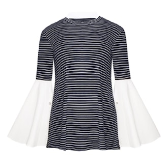 Striped Bell Sleeve Pearl Cuff Top
