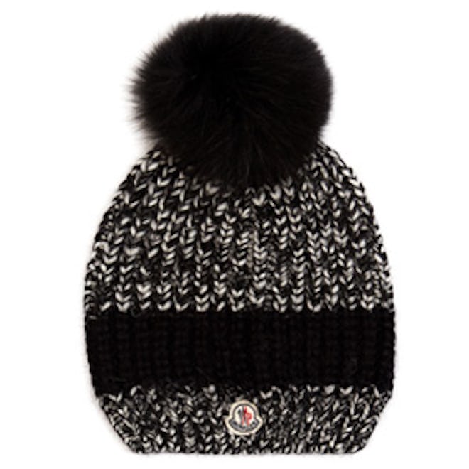 Fur-Pompom Ribbed-Knit Hat