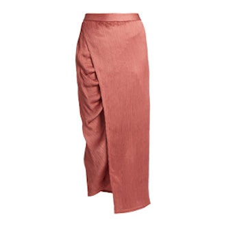 Gathered-Seam Crinkled-Satin Midi Skirt