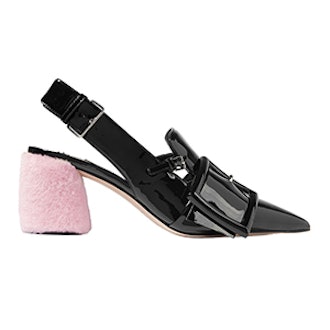 Shearling-Trimmed Patent-Leather Slingback Pumps