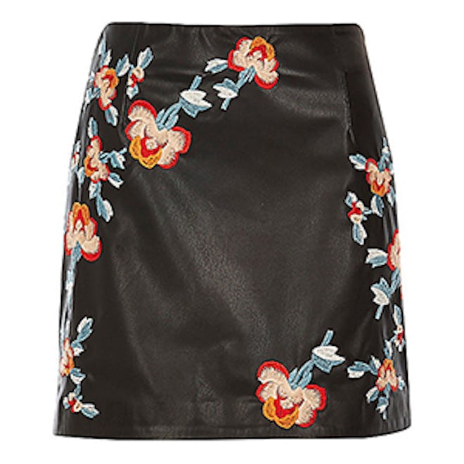 Leather Look Embroidered Mini Skirt