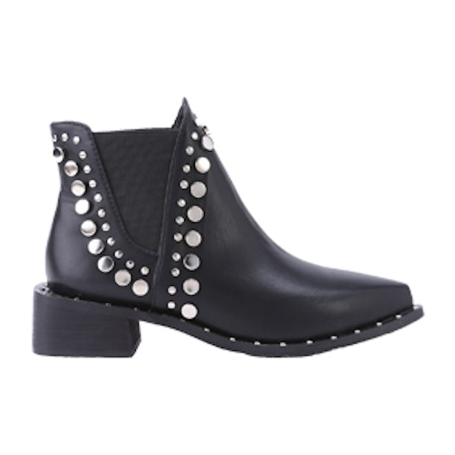 Black Faux Leather Point Toe Studded Elastic Ankle Boots