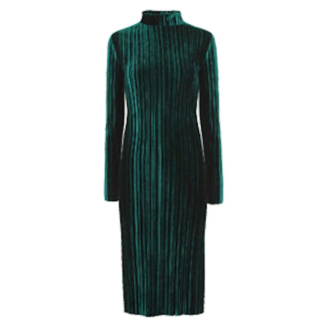 Dark Green Velvet Pleated Midi Dress