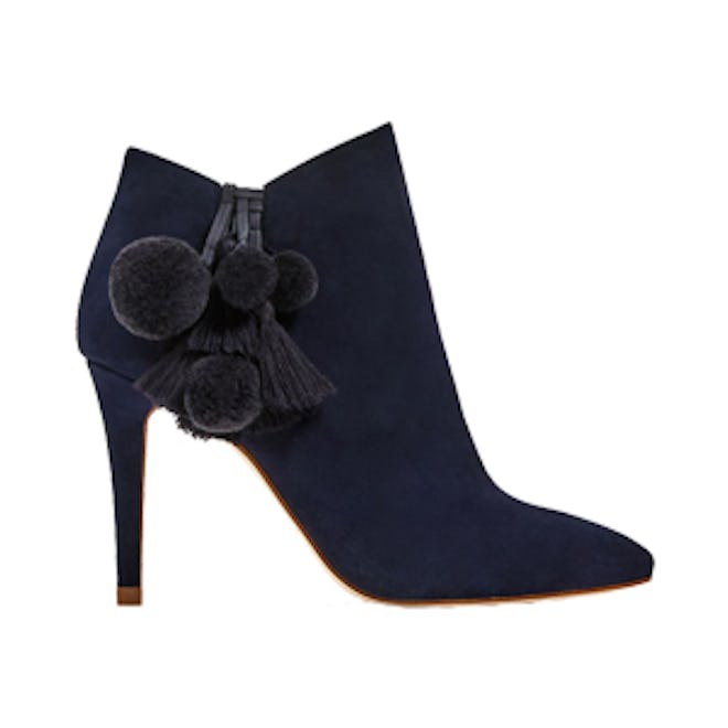 Leather High Heel Ankle Boots With Pompoms