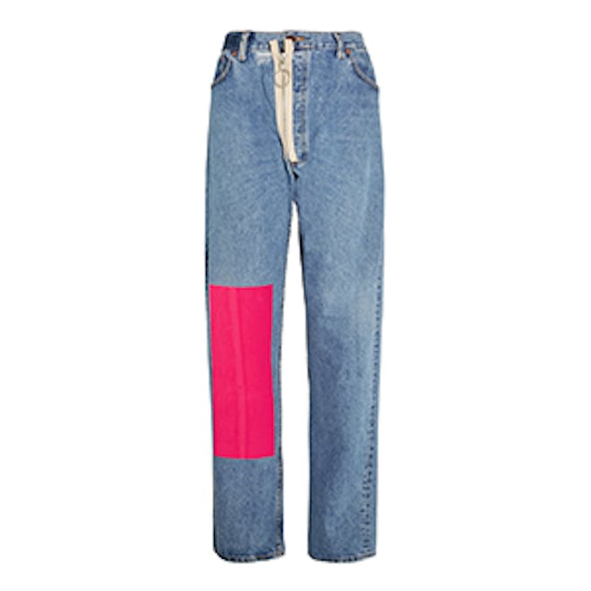 Velvet-Paneled Distressed High-Rise Boyfriend Jeans