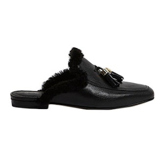 Black Leather Faux Fur Backless Loafers